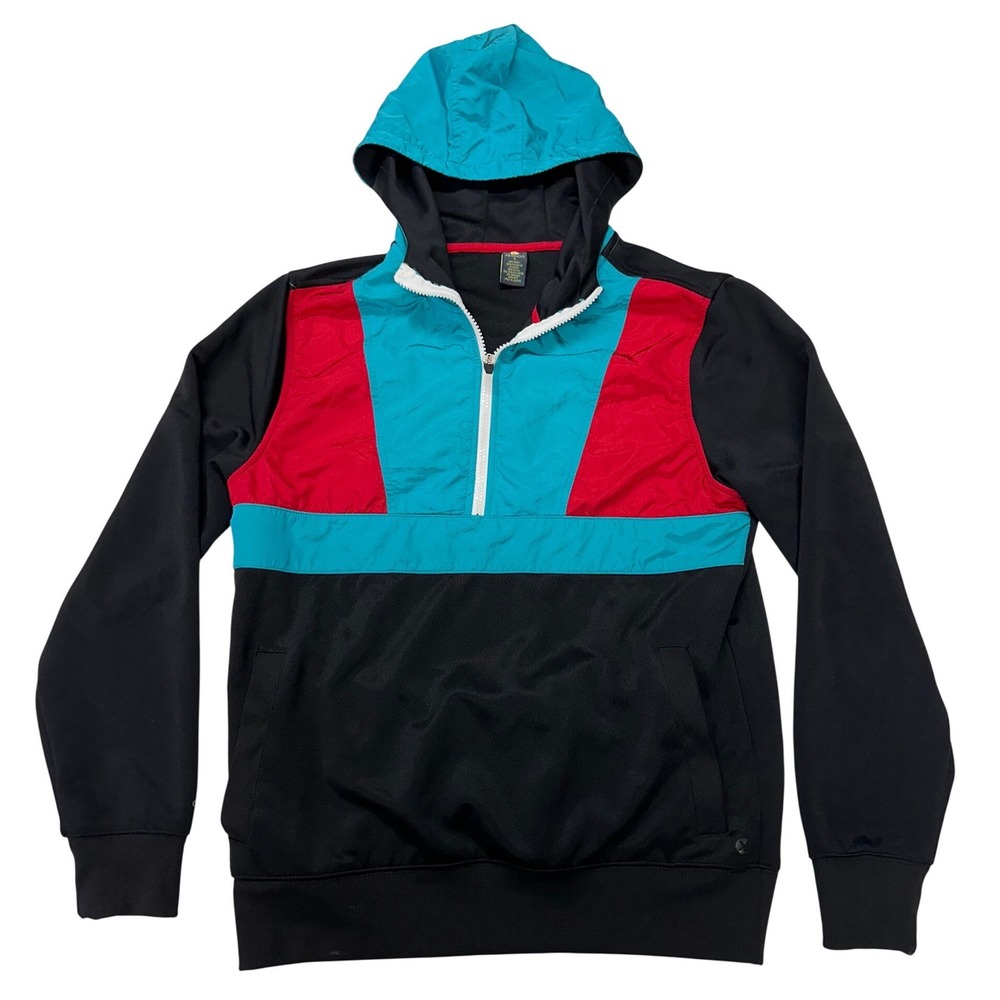 Xersion Pullover Hoodie Black Teal Red Colorblock Quarter Zip Windbreaker S Men